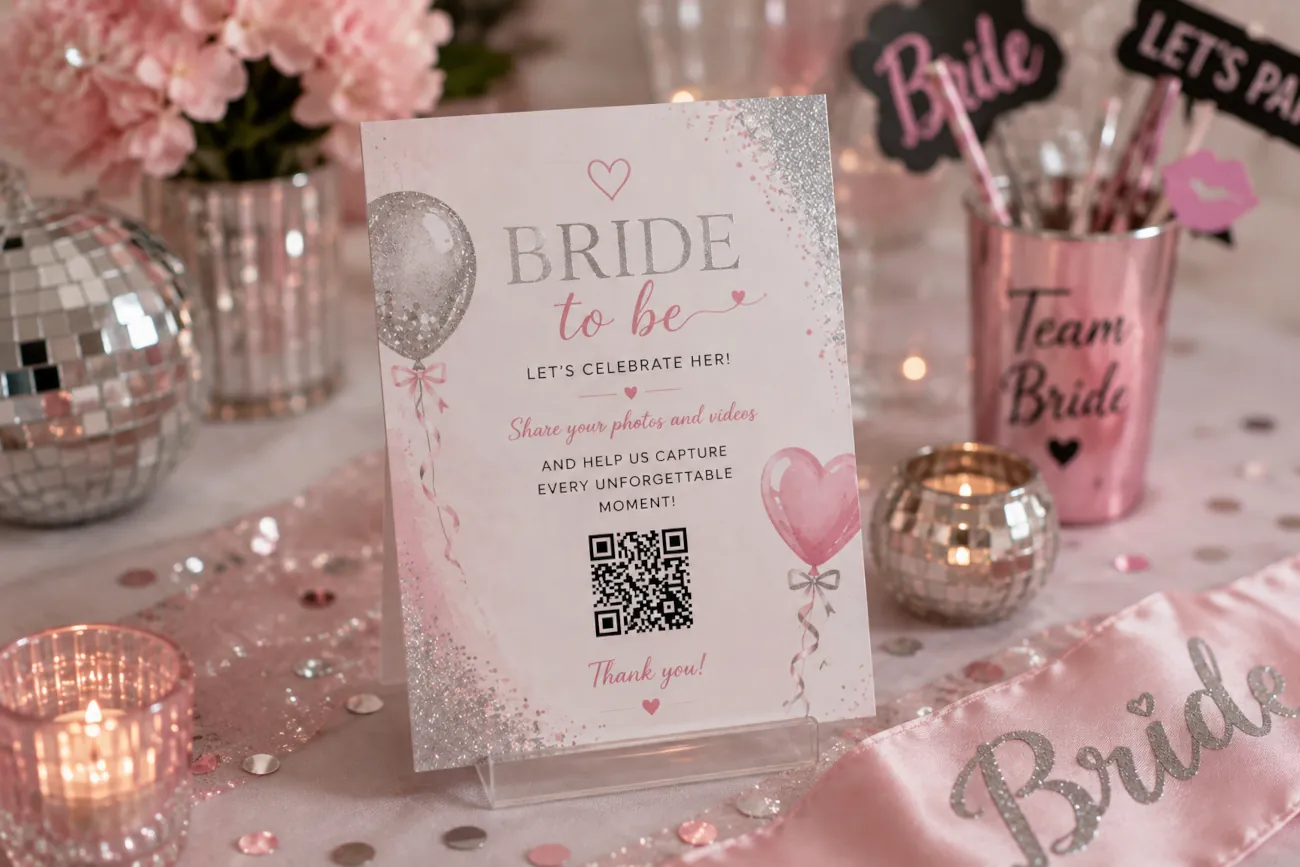 Une pancarte QR Dropola imprimée à un enterrement de vie de jeune fille invitant les invités à partager leurs photos et vidéos