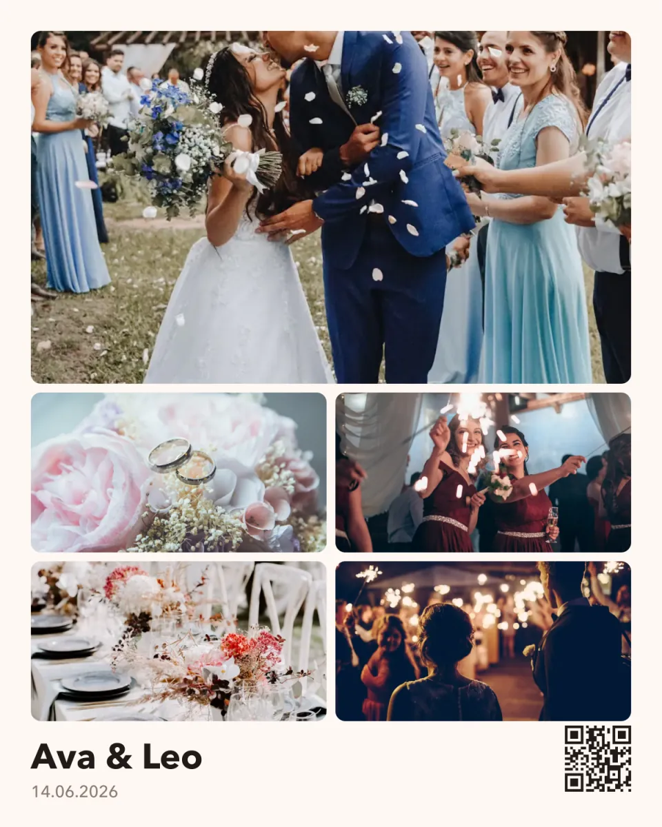Uma colagem de fotos de casamento feita no Dropola: uma foto grande acima de quatro menores e uma legenda